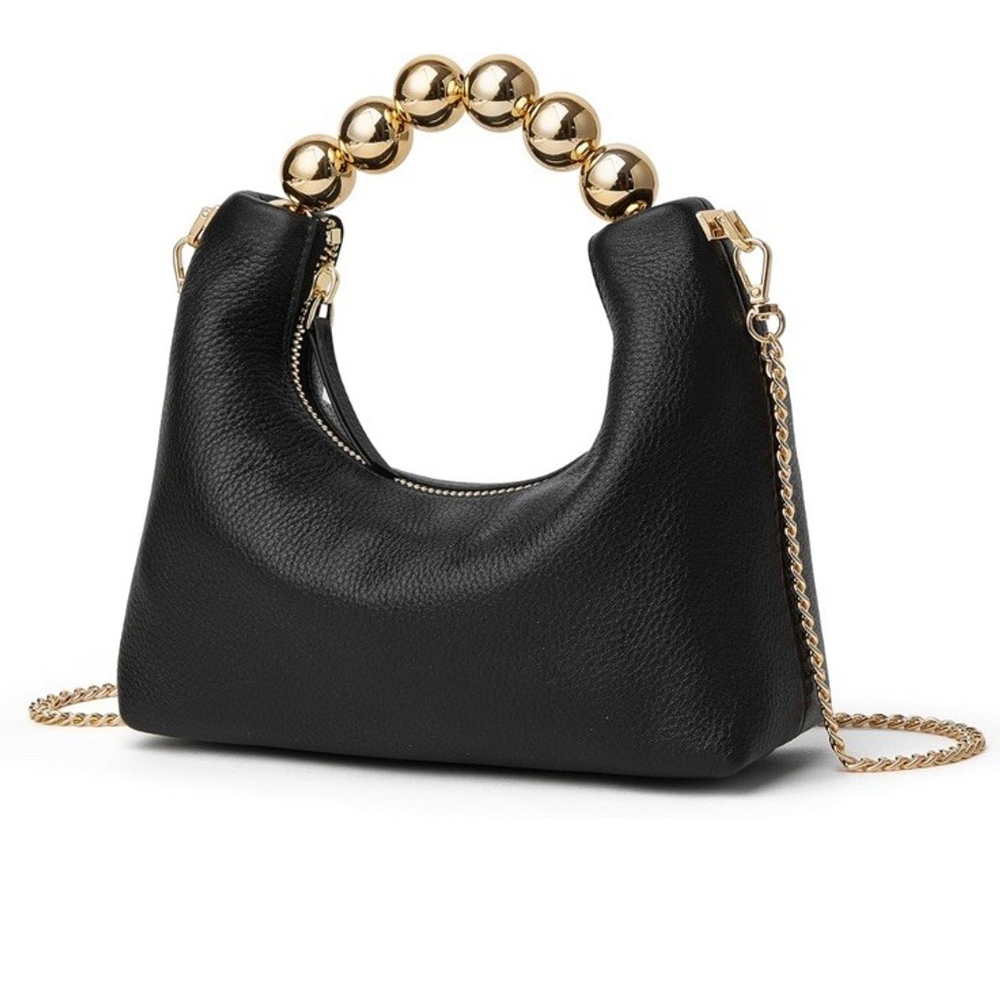 Black Leatherette Crossbody Bag with Gold Beaded Handle
